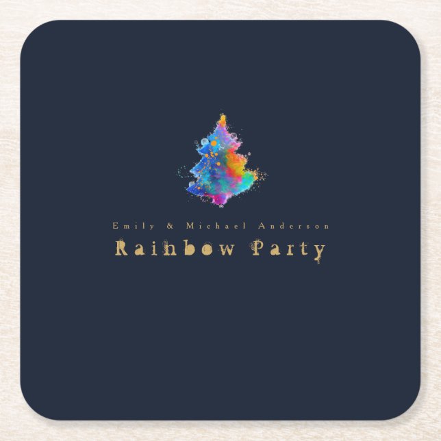 Modern Rainbow Christmas Tree Personalized Party Square Paper Coaster (Front)