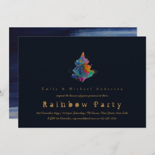 Modern Rainbow Christmas Tree Trendy Navy Blue Invitation