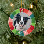 Modern Rainbow Color Wheel Pet Photo Christmas Ceramic Ornament<br><div class="desc">This fun pet photo Christmas ornament is sure to brighten up your tree this year! It features a colorful, hand painted color wheel in retro colors of red, orange red, blush pink, teal, crisp green, and lime green. It's easy to personalize and contains a photo template on both the front...</div>