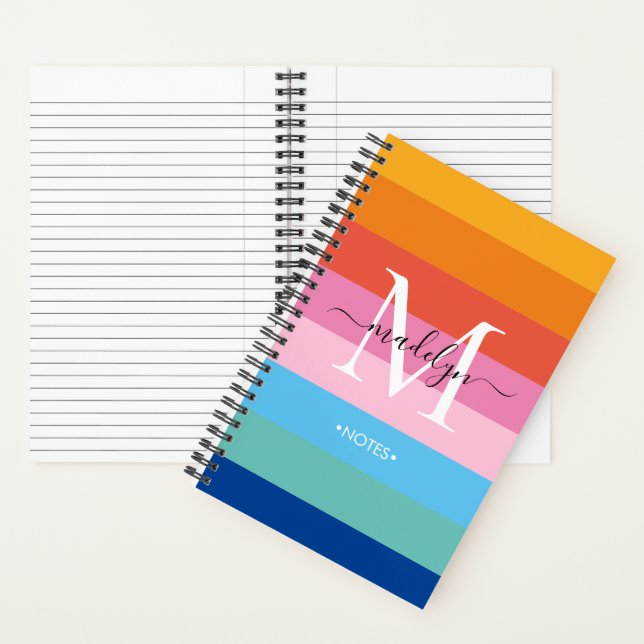 Modern Rainbow Colored Monogram Script Name  Notebook (Inside)