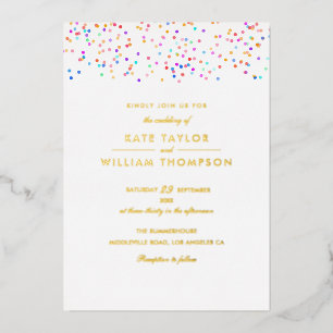 Modern Rainbow Confetti Photo Wedding Gold Foil Invitation