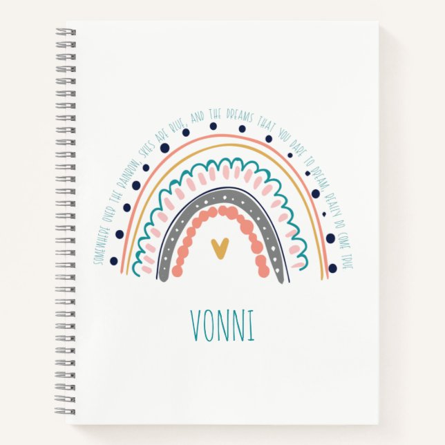 Modern Rainbow Doodle Personalized Name and Quote Notebook (Front)