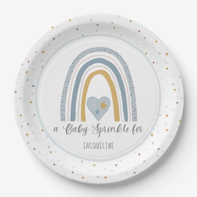 Modern Rainbow Dusty Blue Gold Baby Boy Sprinkle Paper Plates (Front)