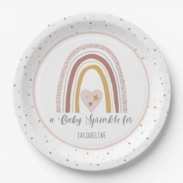 Modern Rainbow Dusty Pink Gold Girl Baby Sprinkle Paper Plates (Front)