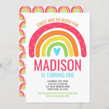 Modern Rainbow First Birthday Invitation by PrinterFairy at Zazzle