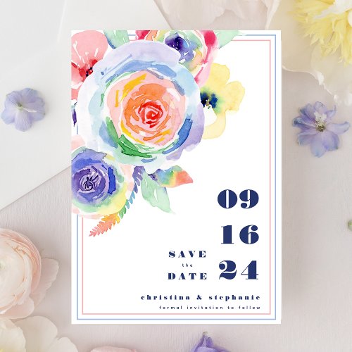 Modern Rainbow Floral LGBTQ Wedding Save the Date Invitation