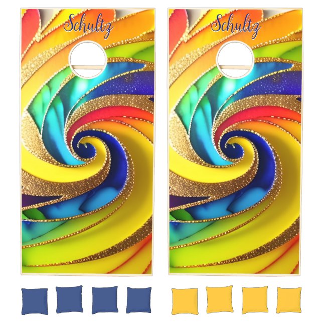 Modern Rainbow & Glam Gold Abstract Pinwheel Cornhole Set (Set)