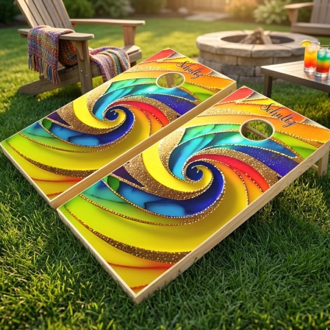 Modern Rainbow & Glam Gold Abstract Pinwheel Cornhole Set (Creator Uploaded)