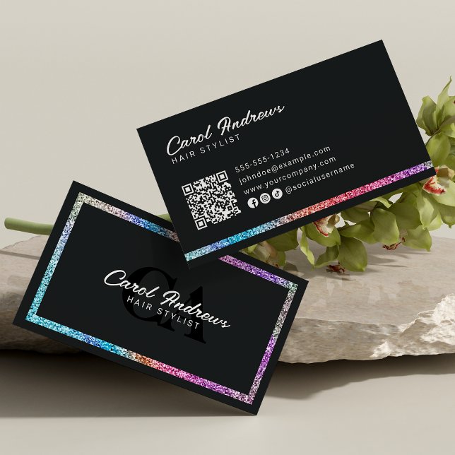 Modern Rainbow Glitter & Black Hairdresser QR Code Business Card (Creator Uploaded)
