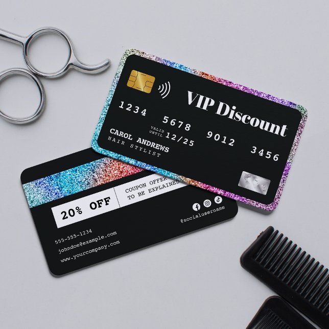 Modern Rainbow Glitter Black Hairstylist VIP Discount Card (Creator Uploaded)