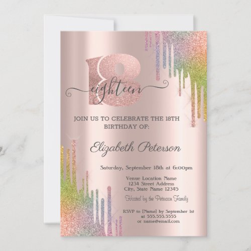 Modern Rainbow Glitter Drips 18th Birthday   Invitation