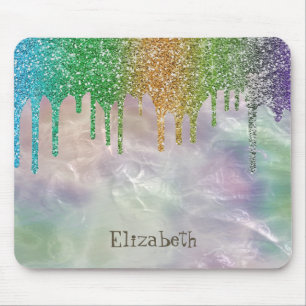 Modern Rainbow Glitter Drips Holographic Opal Mouse Pad