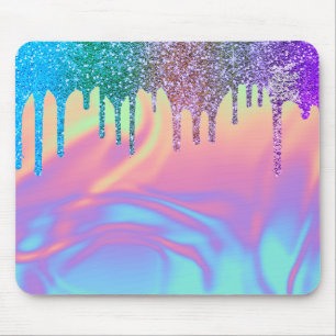 Modern Rainbow Glitter Drips Ombre Holographic Mouse Pad