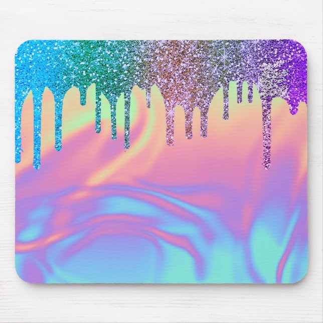 Modern Rainbow Glitter Drips Ombre Holographic Mouse Pad (Front)