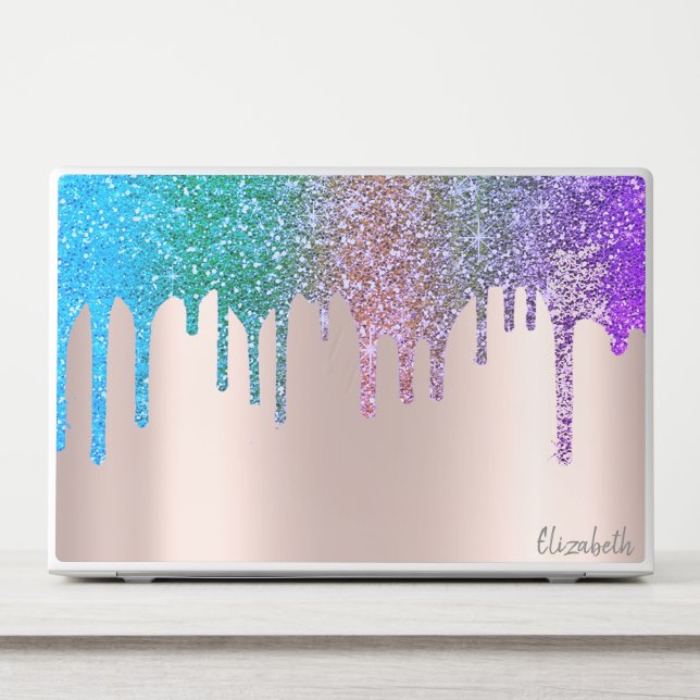 Modern Rainbow Glitter Drips Rose Gold HP Laptop Skin (Front)