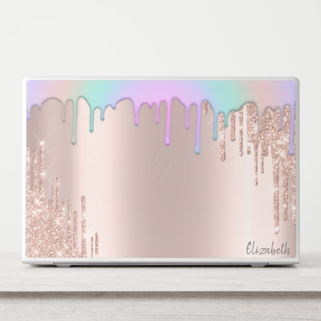 Modern Rainbow Glitter Drips Rose Gold  HP Laptop Skin (Front)