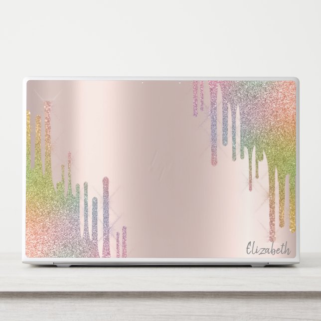 Modern Rainbow Glitter Drips Rose Gold  HP Laptop Skin (Front)