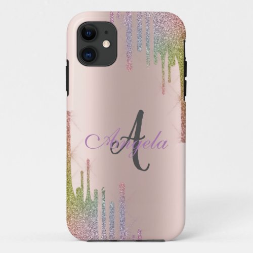 Modern Rainbow Glitter Drips Rose GoldMonogram iPhone 11 Case