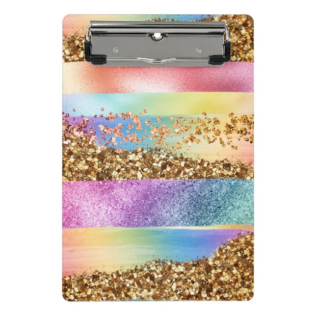 Modern rainbow glitter gold frame kids colorful mini clipboard (Front)