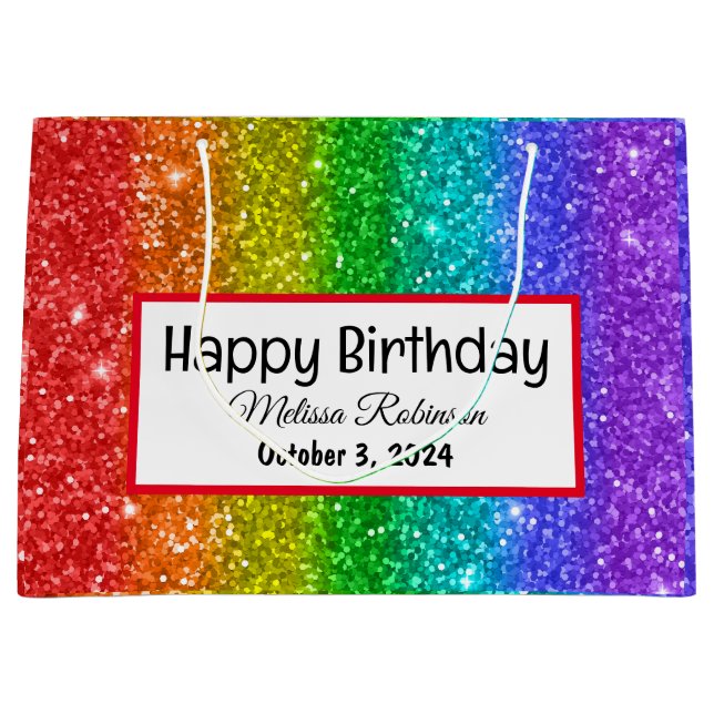  Modern Rainbow Glitter Happy Birthday Large Gift Bag (Front)