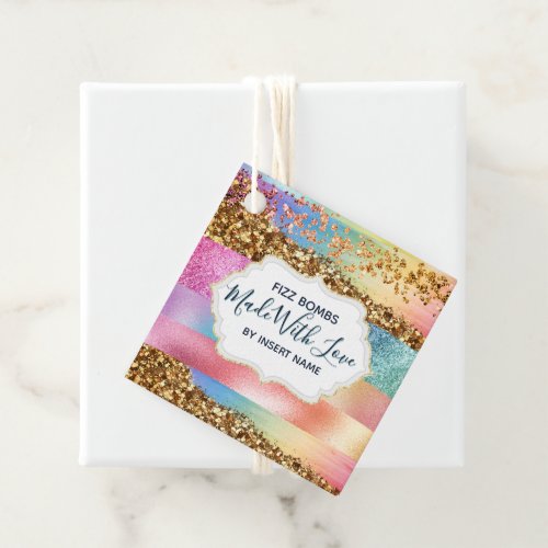Modern rainbow glitter made with love white frame favor tags