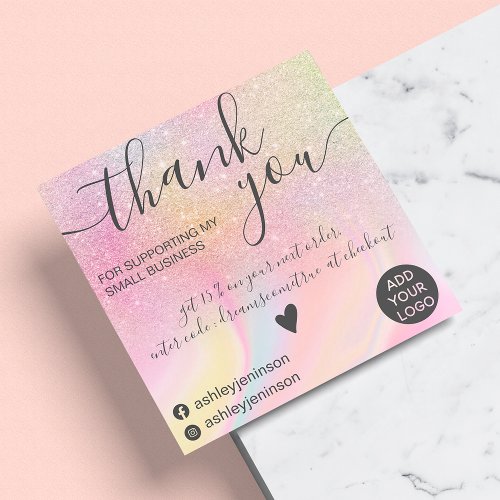 Modern rainbow glitter marble chic thank you square business card