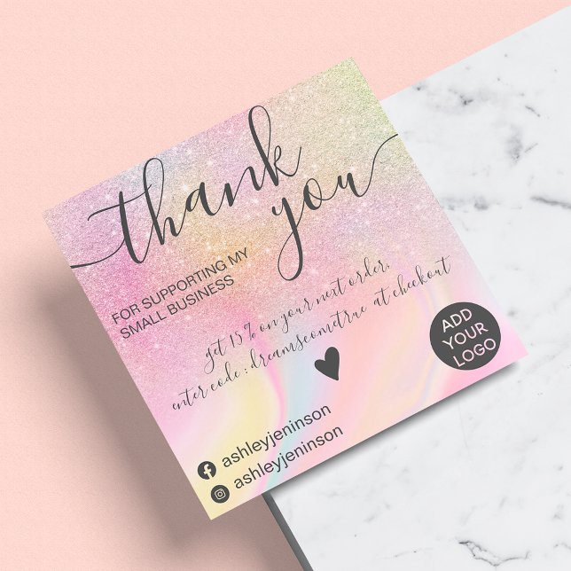 Modern rainbow glitter marble chic thank you square business card (Creator Uploaded)