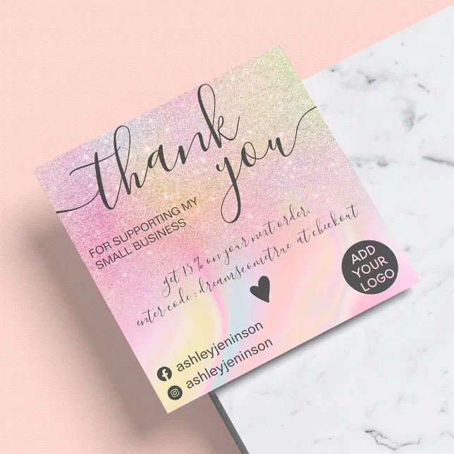 Modern rainbow glitter marble chic thank you square business card | Zazzle