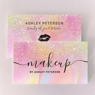 Modern rainbow glitter marble girly pink makeup business card