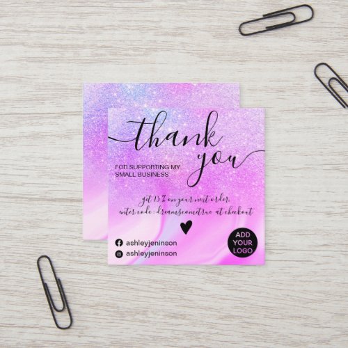 Modern rainbow glitter marble purple thank you square business card