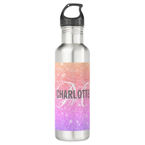 Modern rainbow glitter monogram name    stainless steel water bottle