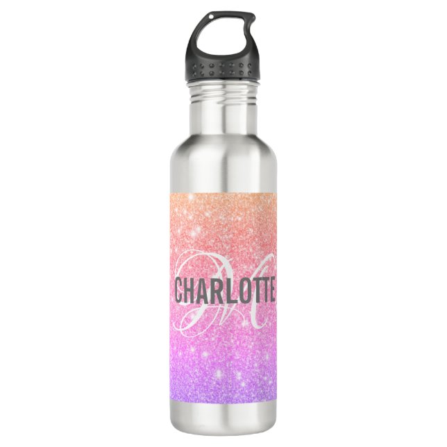 Modern rainbow glitter monogram name    stainless steel water bottle (Front)