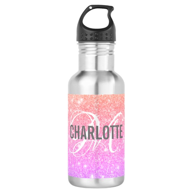 Modern rainbow glitter monogram name    stainless steel water bottle (Front)