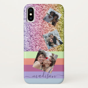Modern Rainbow Glitter Photo Collage Monogram iPhone X Case