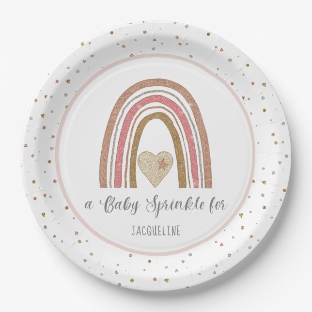 Modern Rainbow Glitter Pink Gold Baby Sprinkle Paper Plates (Front)