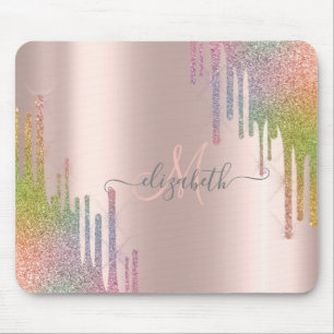 Modern Rainbow Glitter Rose Gold Monogram Mouse Pad