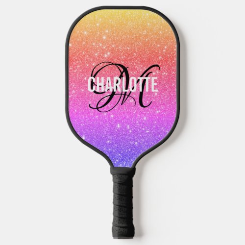 Modern rainbow glitter script monogram name pickleball paddle