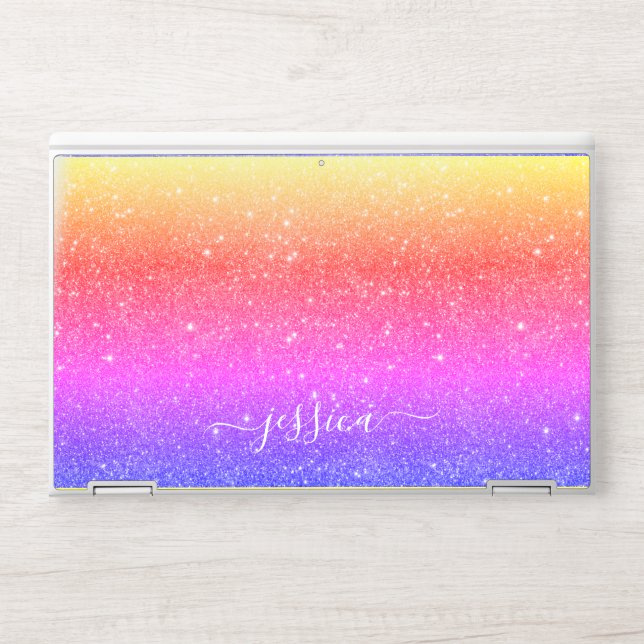 Modern rainbow glitter script name HP laptop skin (Front)