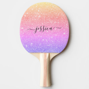 Modern rainbow glitter script name   ping pong paddle