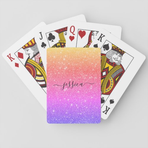 Modern rainbow glitter script name  playing cards