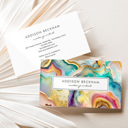 Modern Rainbow Gold Colorful Abstract Watercolor Business Card