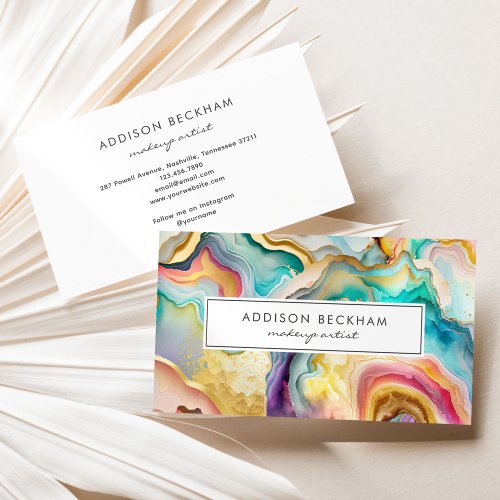 Modern Rainbow Gold Colorful Abstract Watercolor Business Card