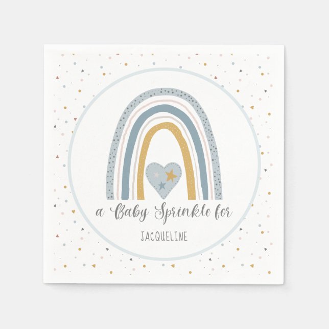 Modern Rainbow Gold Dusty Blue Boy Baby Sprinkle Napkins (Front)