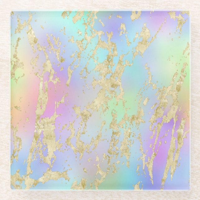 Modern Rainbow Gradient and Gold Marble Pattern Glass Coaster (Front)