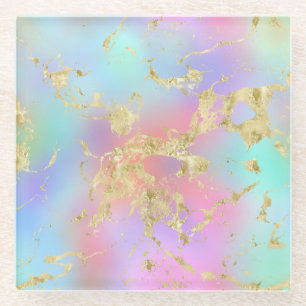 Modern Rainbow Gradient and Gold Marble Pattern Glass Coaster