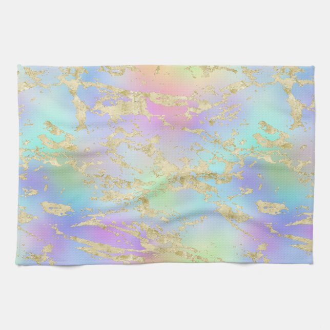 Modern Rainbow Gradient and Gold Marble Pattern Kitchen Towel (Horizontal)
