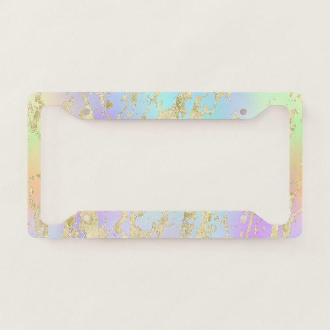 Modern Rainbow Gradient and Gold Marble Pattern License Plate Frame (Front)