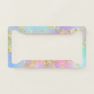 Modern Rainbow Gradient and Gold Marble Pattern License Plate Frame