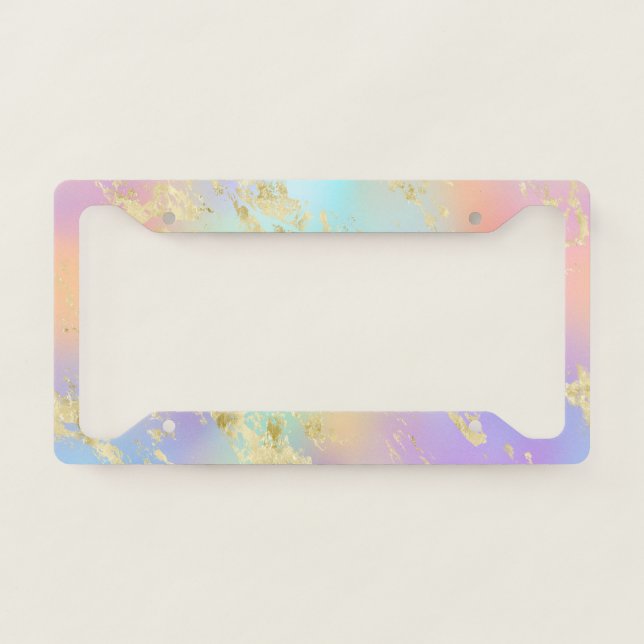 Modern Rainbow Gradient and Gold Marble Pattern License Plate Frame (Front)