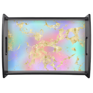Modern Rainbow Gradient and Gold Marble Pattern Serving Tray
